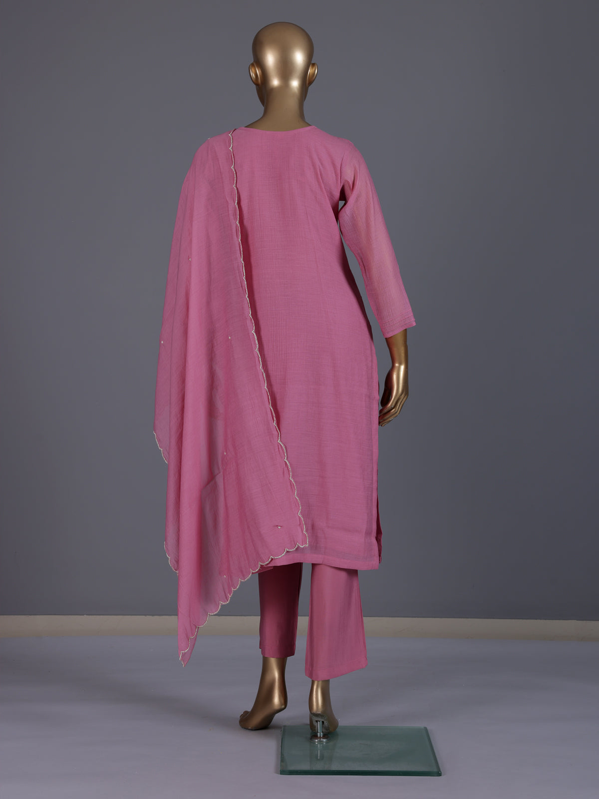 Pink embroidered cotton silk straight kurti set