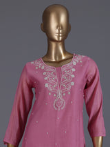 Pink embroidered cotton silk straight kurti set