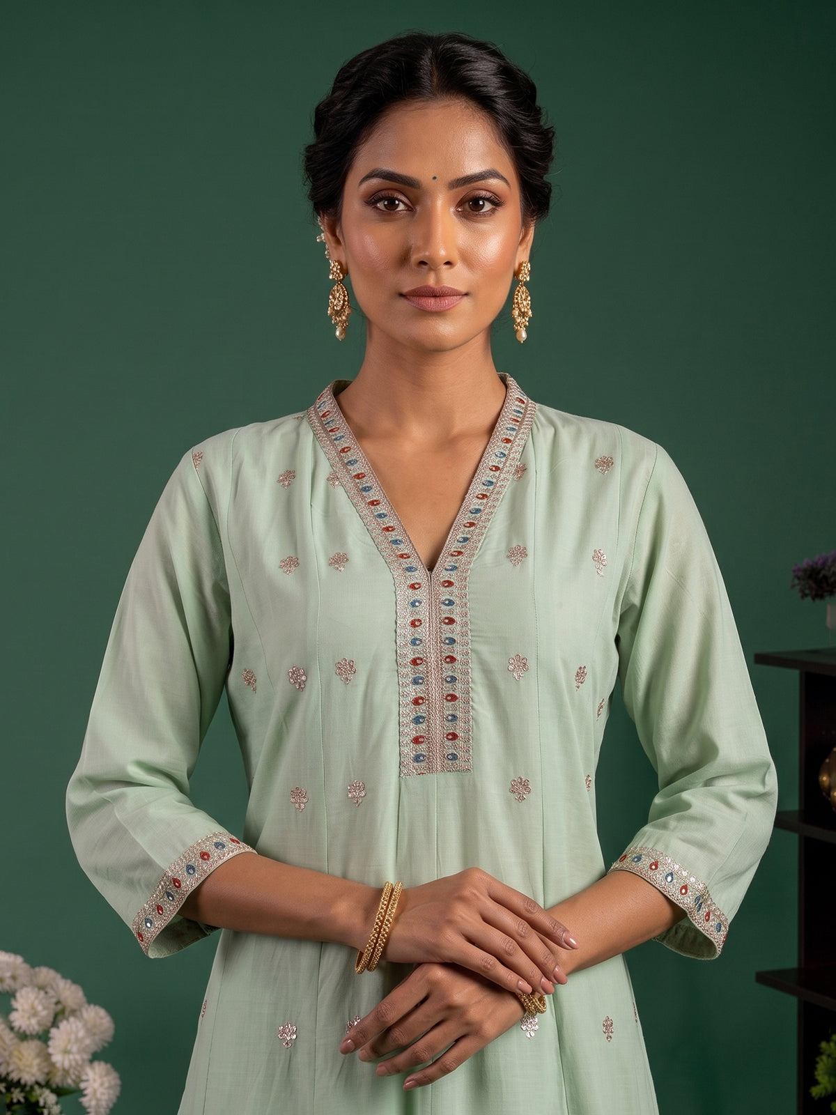 Green floral embroidered cotton silk anarkali kurti set