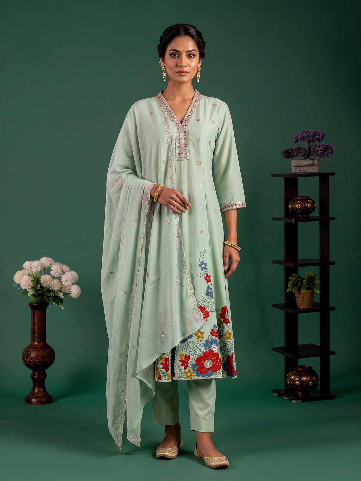 Green floral embroidered cotton silk anarkali kurti set