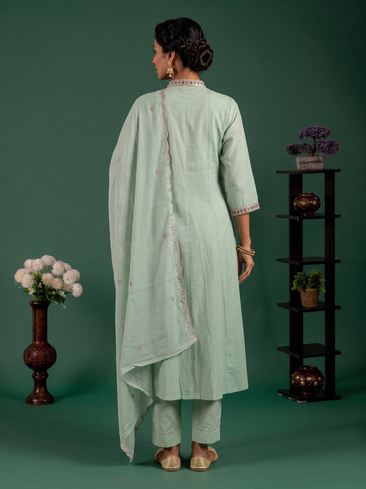 Green floral embroidered cotton silk anarkali kurti set