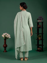 Green floral embroidered cotton silk anarkali kurti set