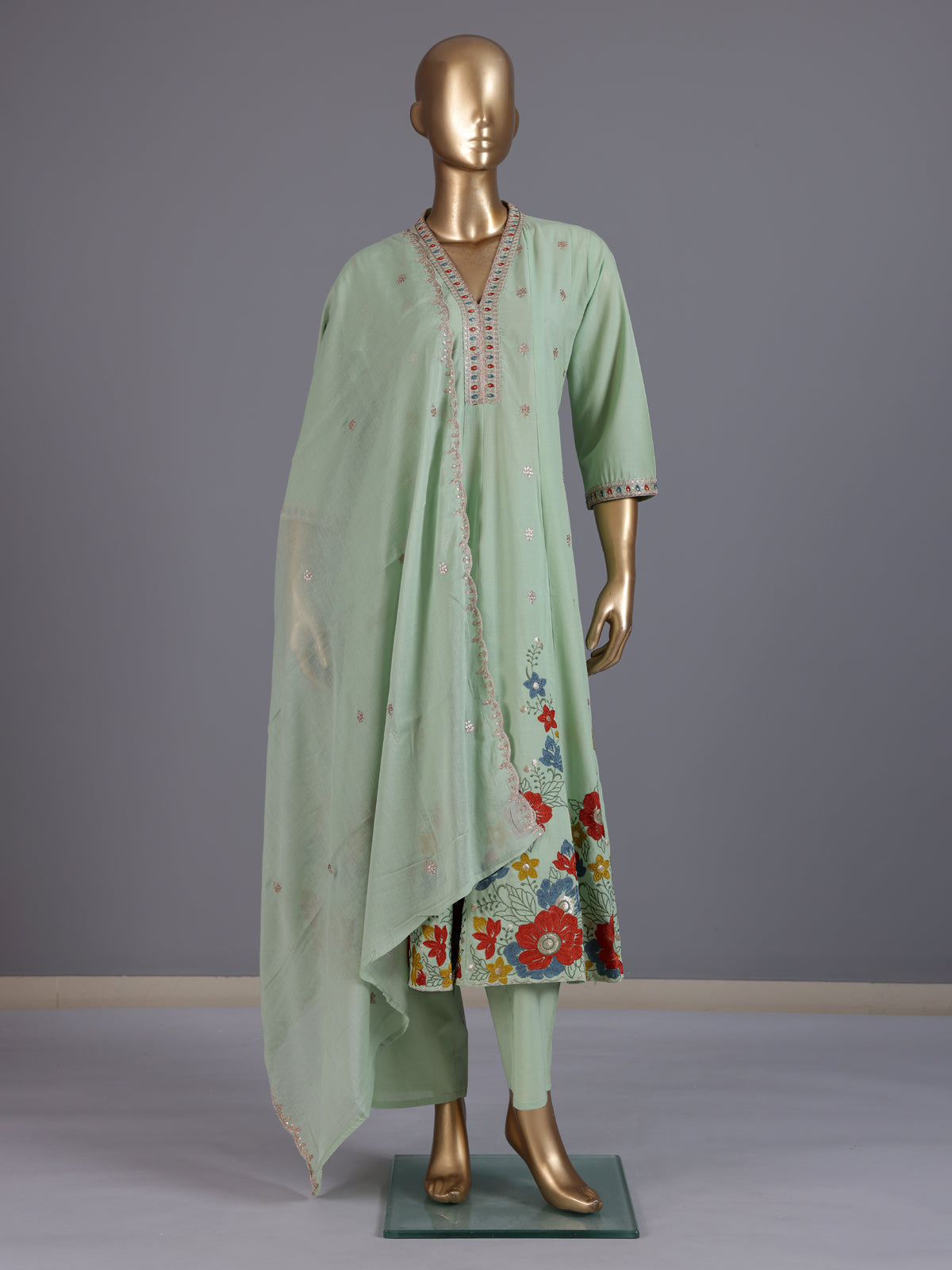 Green floral embroidered cotton silk anarkali kurti set