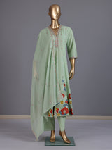 Green floral embroidered cotton silk anarkali kurti set