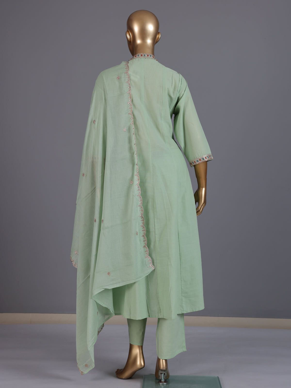 Green floral embroidered cotton silk anarkali kurti set