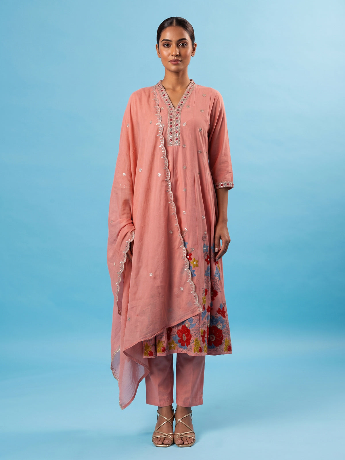 Peach floral embroidered cotton silk anarkali kurti set