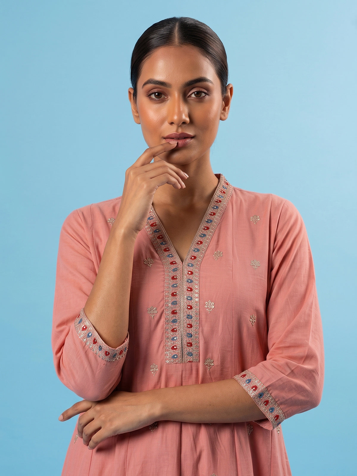 Peach floral embroidered cotton silk anarkali kurti set