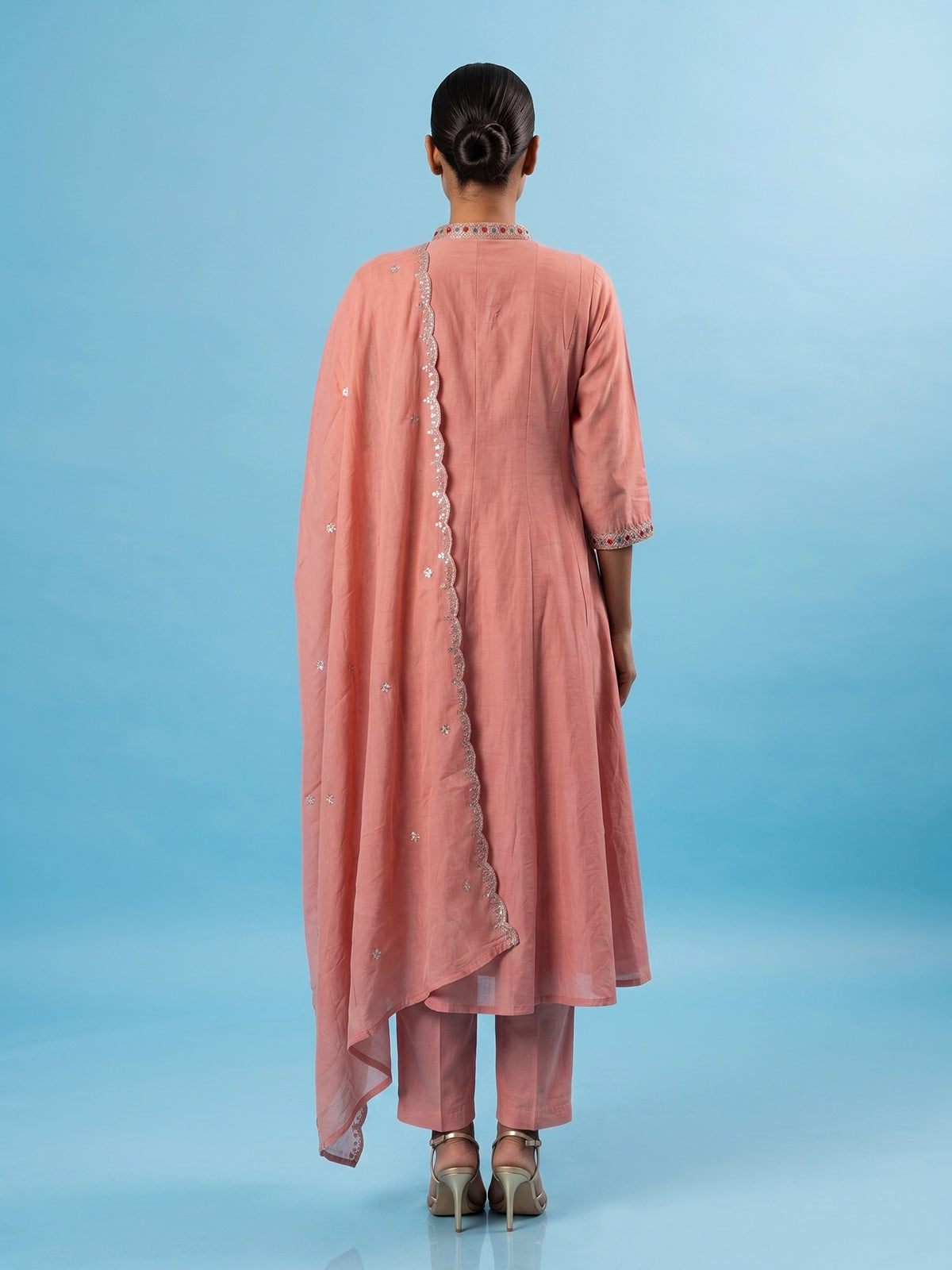 Peach floral embroidered cotton silk anarkali kurti set
