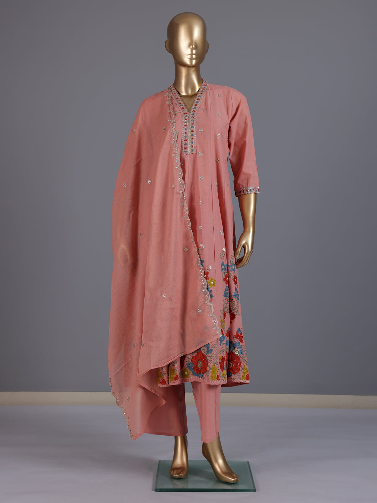 Peach floral embroidered cotton silk anarkali kurti set
