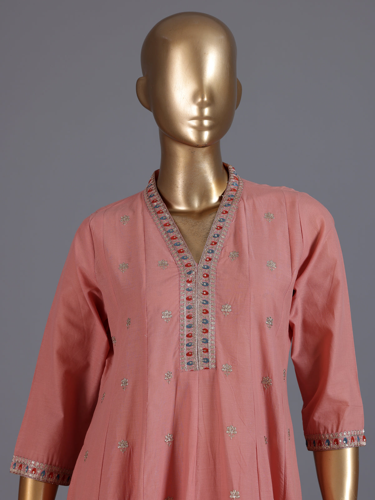 Peach floral embroidered cotton silk anarkali kurti set