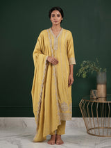 Yellow embroidered cotton silk anarkali kurti set