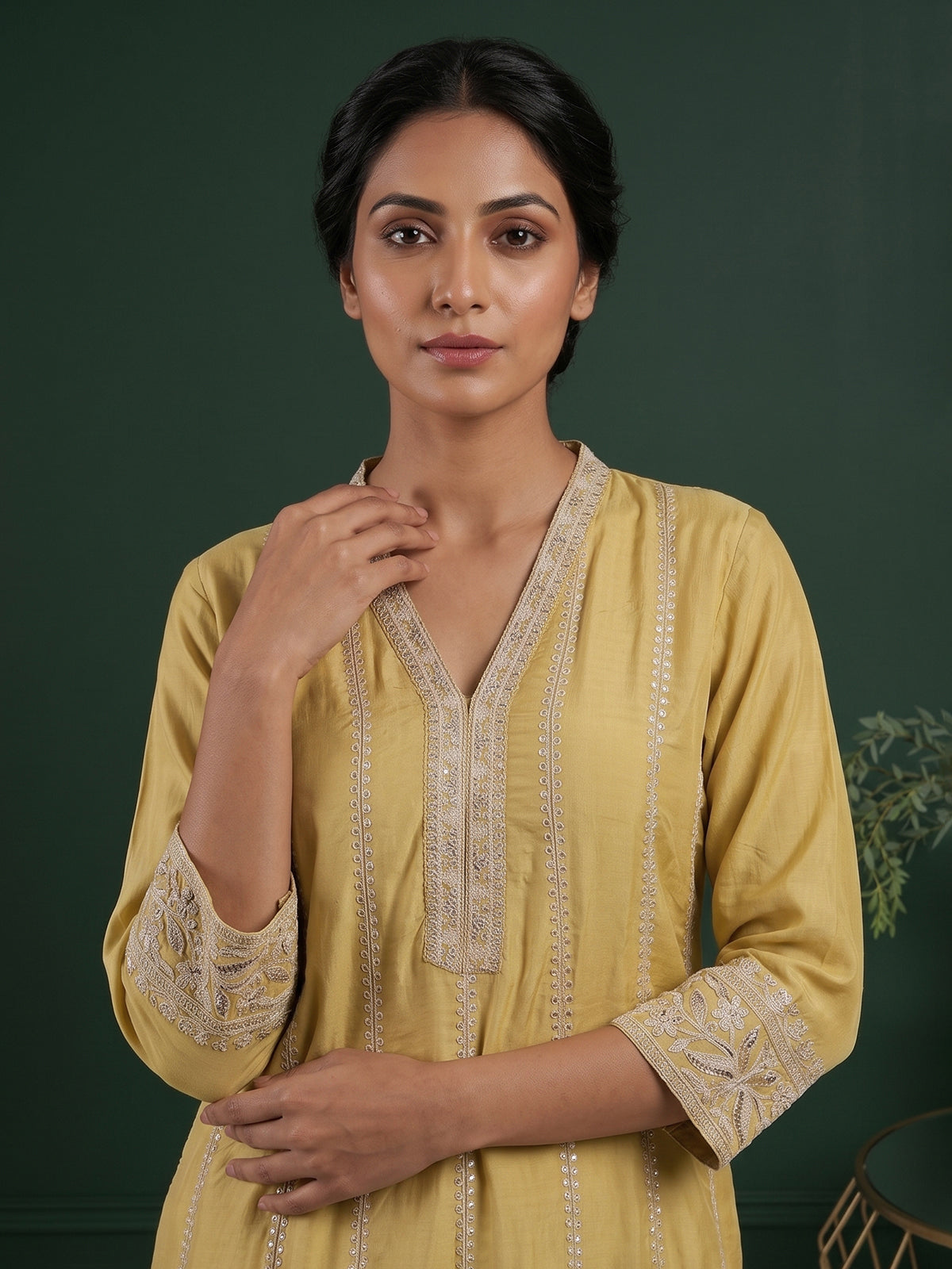 Yellow embroidered cotton silk anarkali kurti set