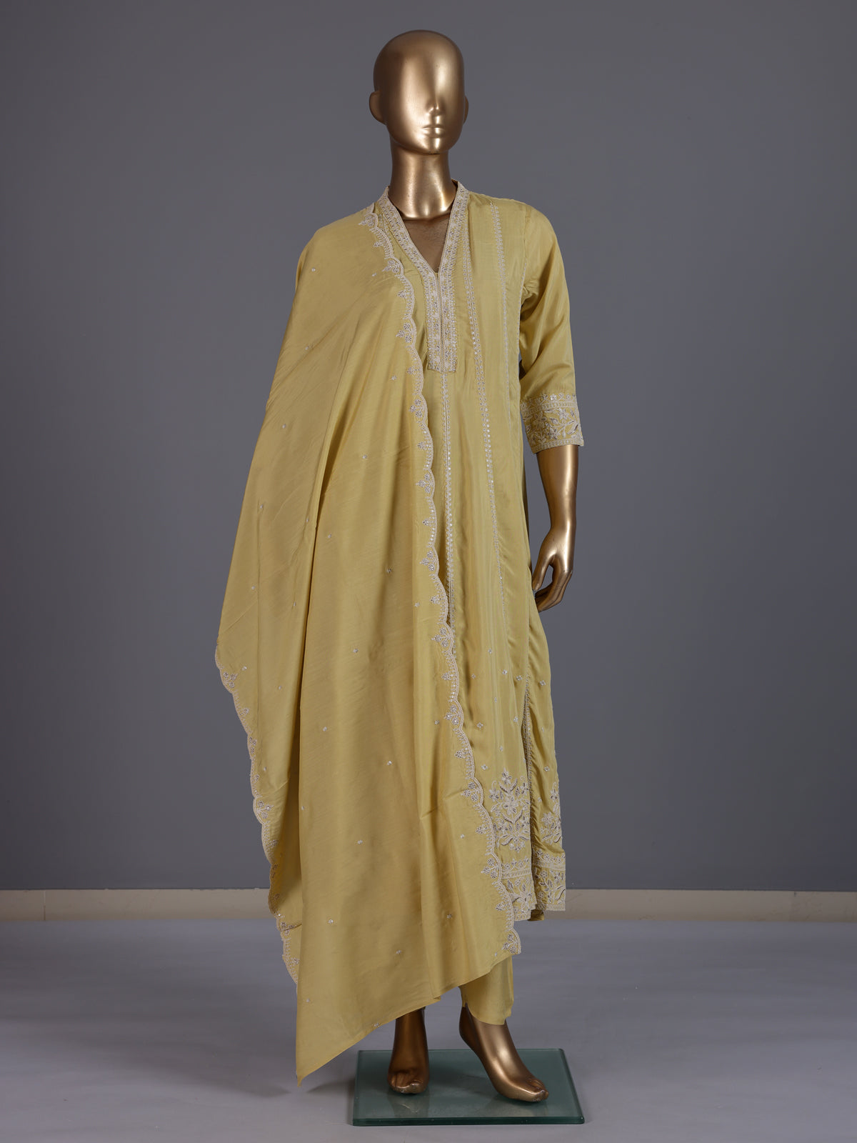 Yellow embroidered cotton silk anarkali kurti set