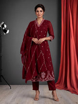 Maroon embroidered cotton silk anarkali kurti set