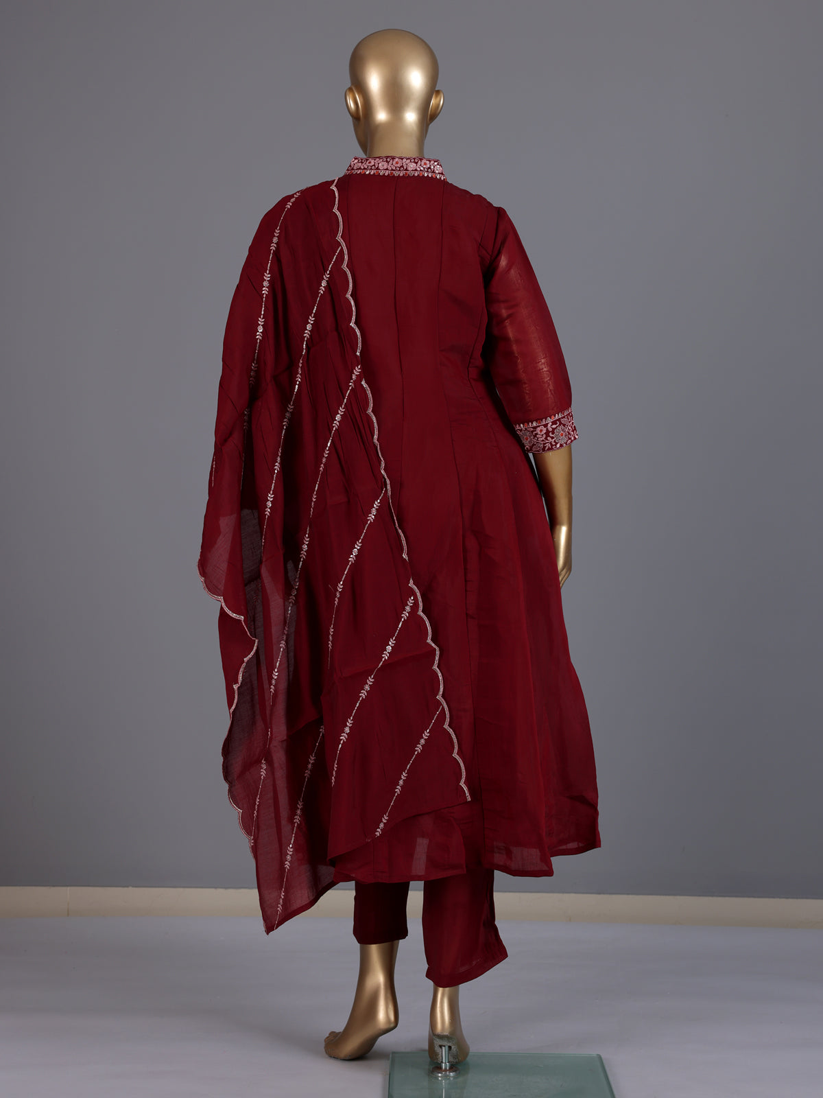 Maroon embroidered cotton silk anarkali kurti set