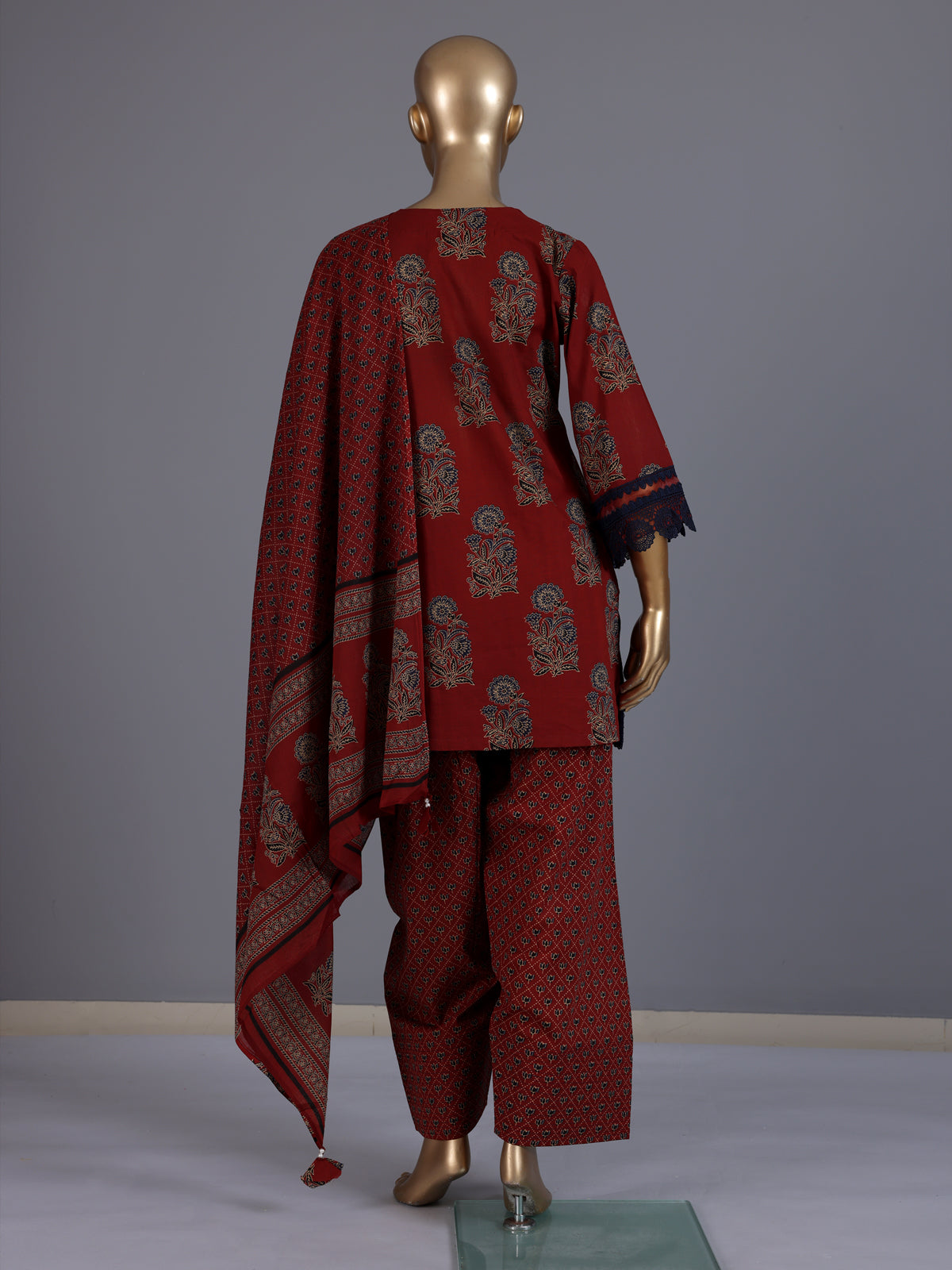 Red printed cotton silk palazzo kurti set with dupatta