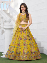 Yellow embellished silk haldi special lehenga choli for girls