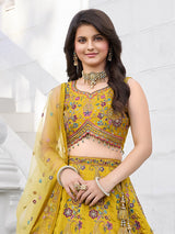 Yellow embellished silk haldi special lehenga choli for girls