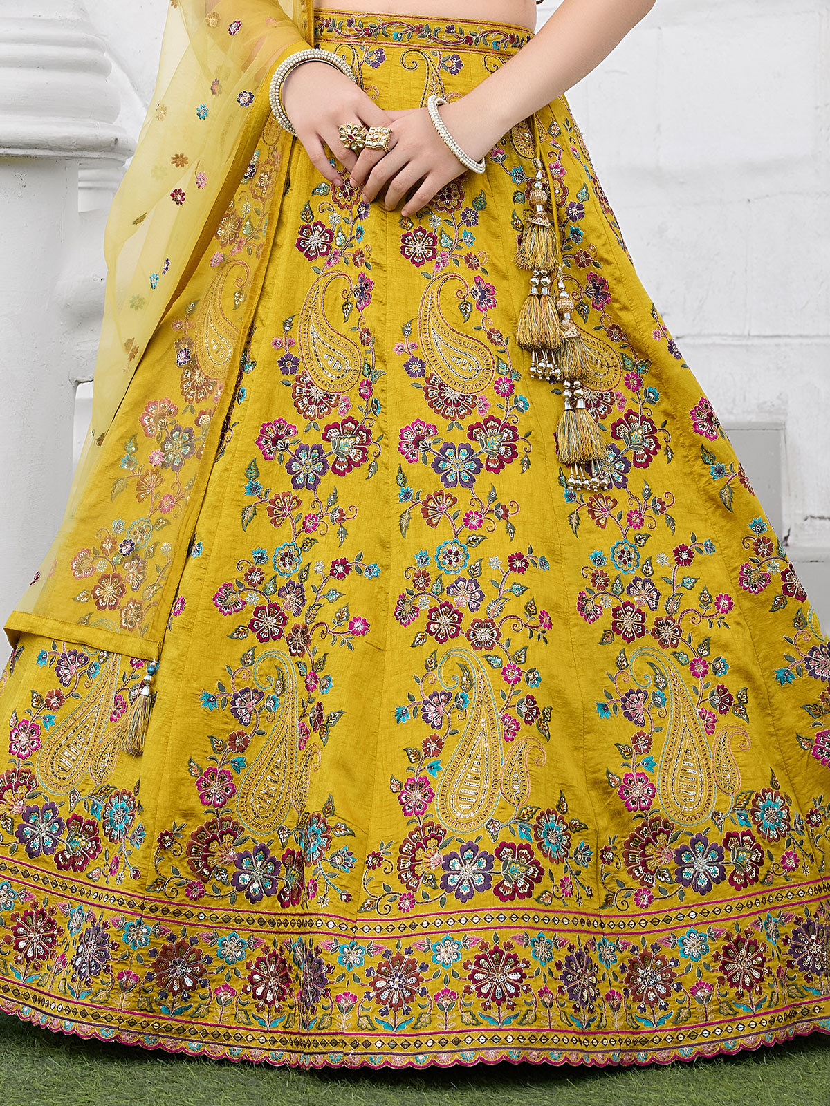 Yellow embellished silk haldi special lehenga choli for girls
