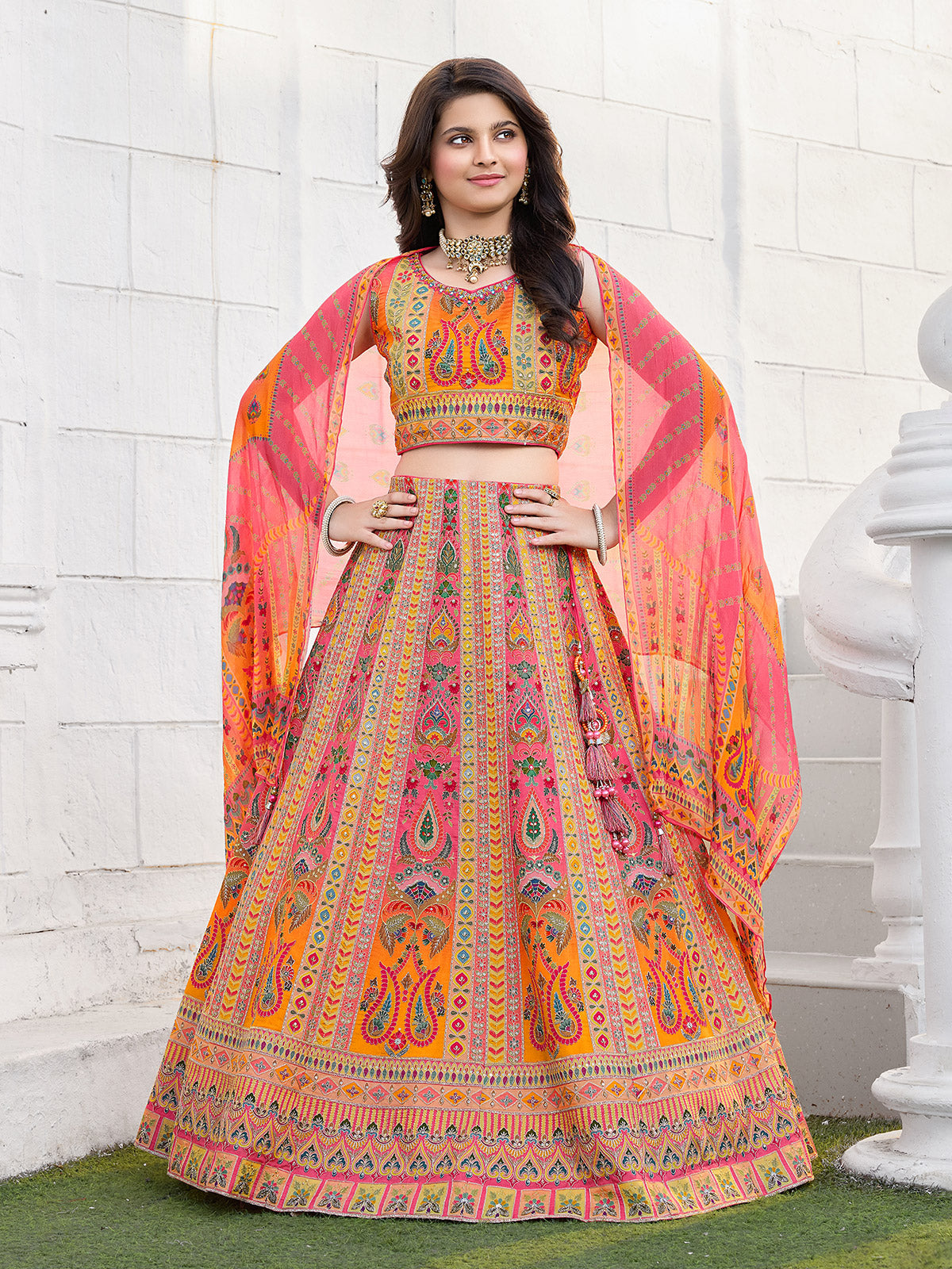 Peach embroidered silk designer ethnic lehenga for girls