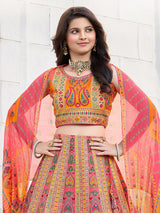 Peach embroidered silk designer ethnic lehenga for girls