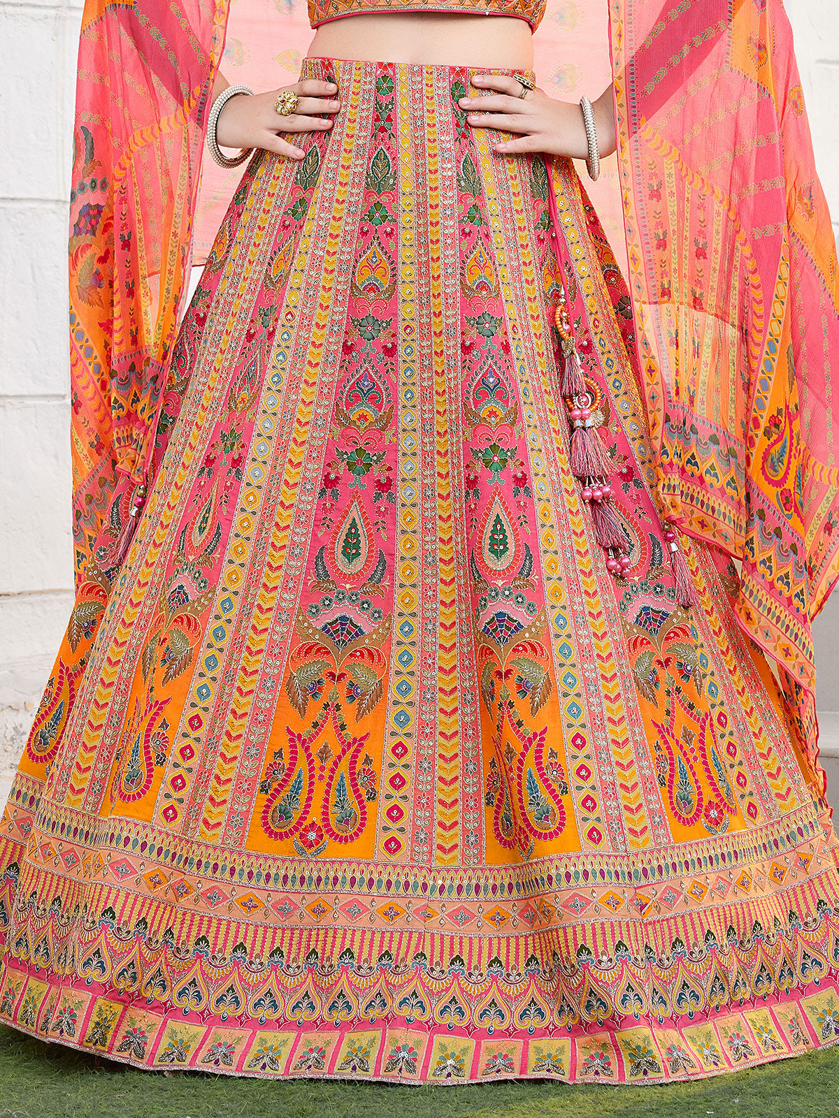Peach embroidered silk designer ethnic lehenga for girls