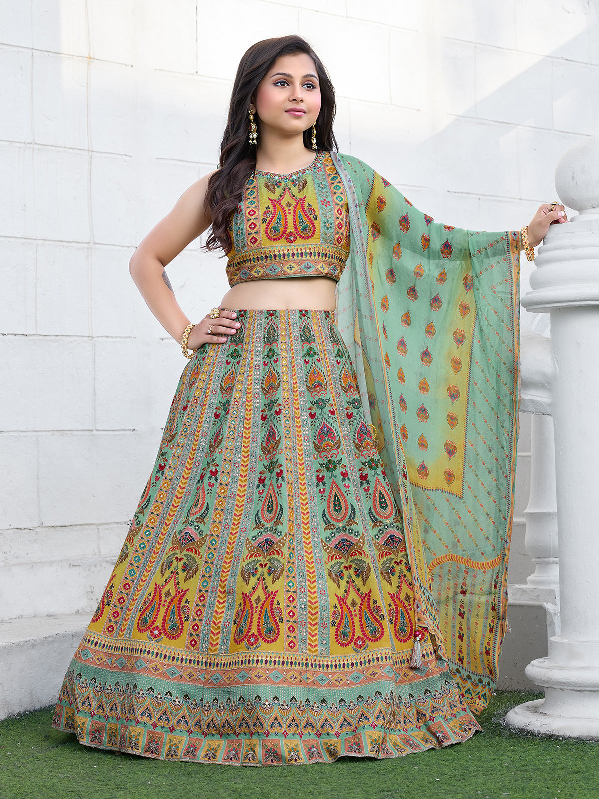 Green floral printed silk wedding lehenga choli