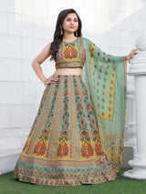Green floral printed silk wedding lehenga choli
