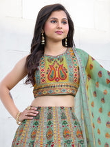 Green floral printed silk wedding lehenga choli