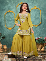 Green festive silk sharara suit for girls