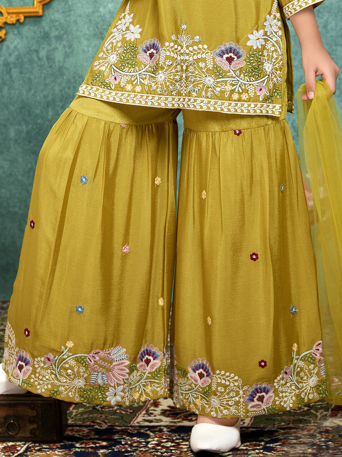 Green festive silk sharara suit for girls