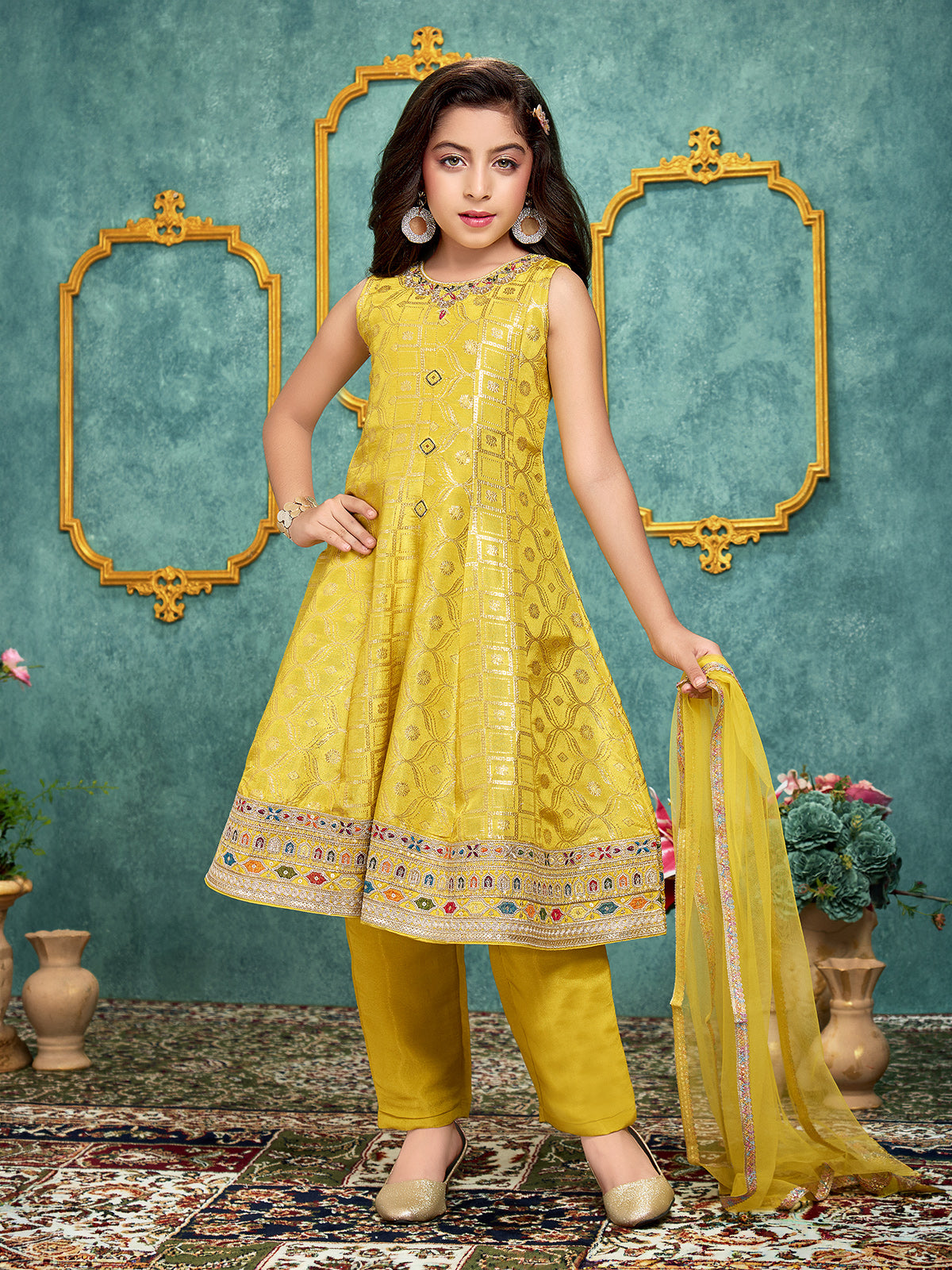 Yellow festive crepe silk anarkali pant suit for girls