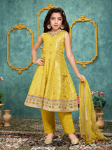 Yellow festive crepe silk anarkali pant suit for girls
