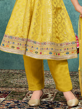 Yellow festive crepe silk anarkali pant suit for girls