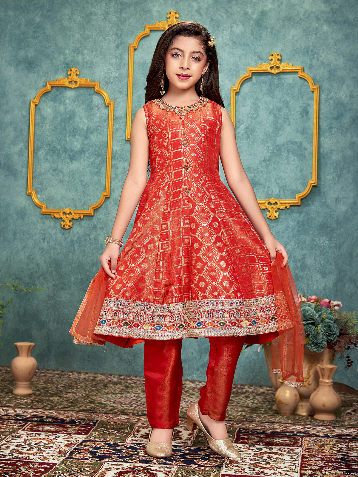 Rust orange embroidered crepe silk anarkali pant suit for girls
