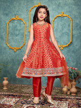 Rust orange embroidered crepe silk anarkali pant suit for girls