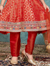 Rust orange embroidered crepe silk anarkali pant suit for girls