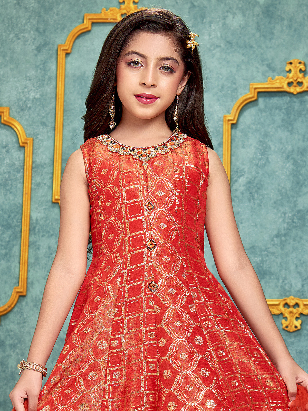 Rust orange embroidered crepe silk anarkali pant suit for girls