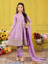 Lavender embroidered crepe silk anarkali pant suit for girls