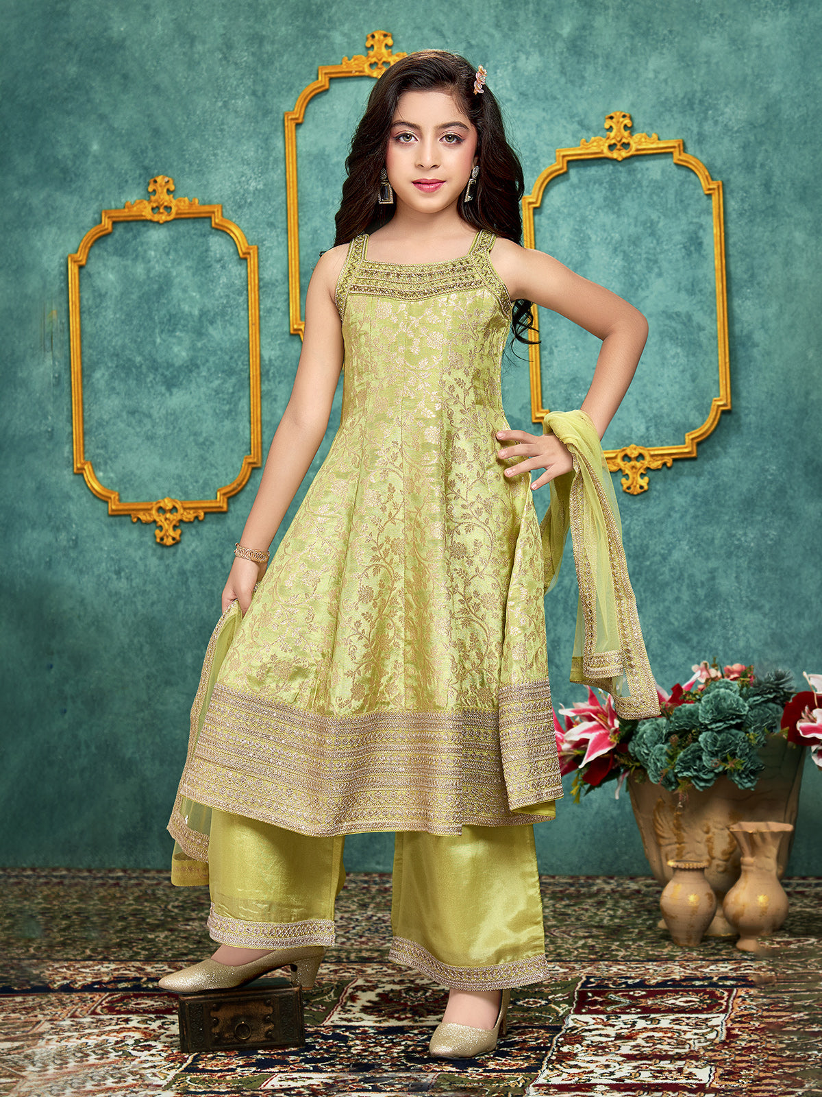 Green designer crepe silk anarkali palazzo suit for girls