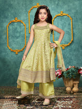 Green designer crepe silk anarkali palazzo suit for girls