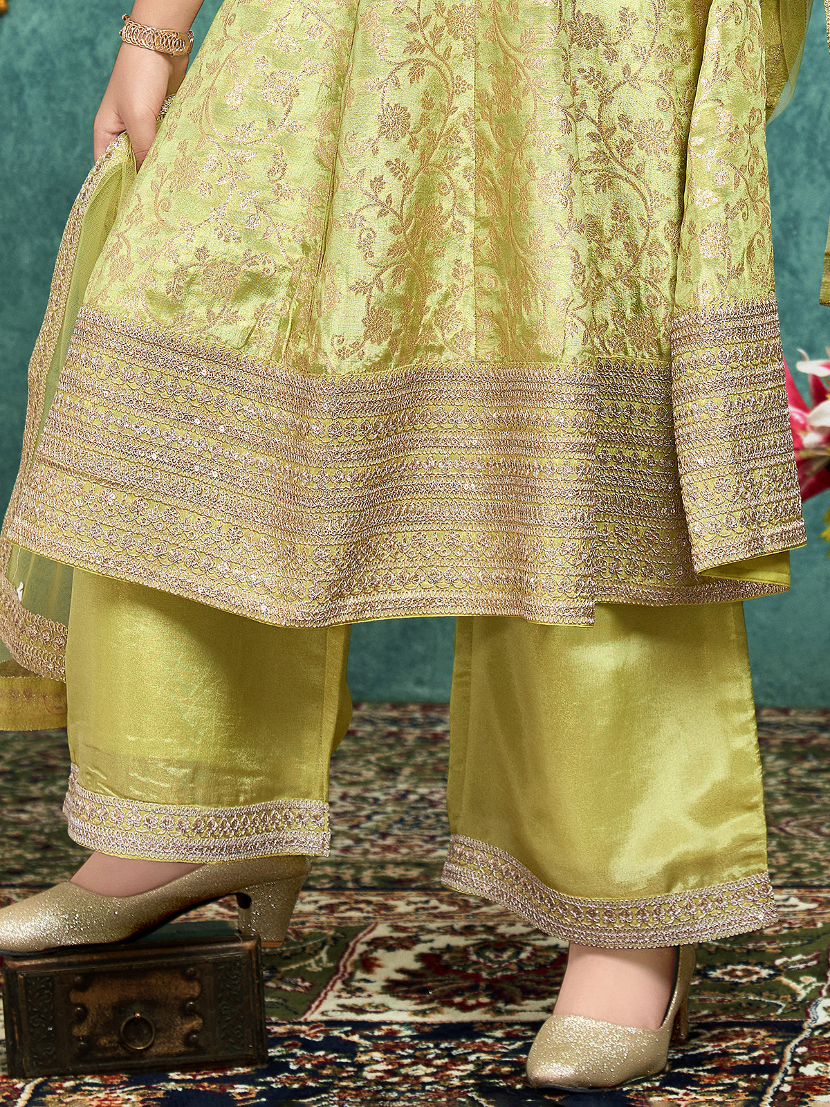 Green designer crepe silk anarkali palazzo suit for girls