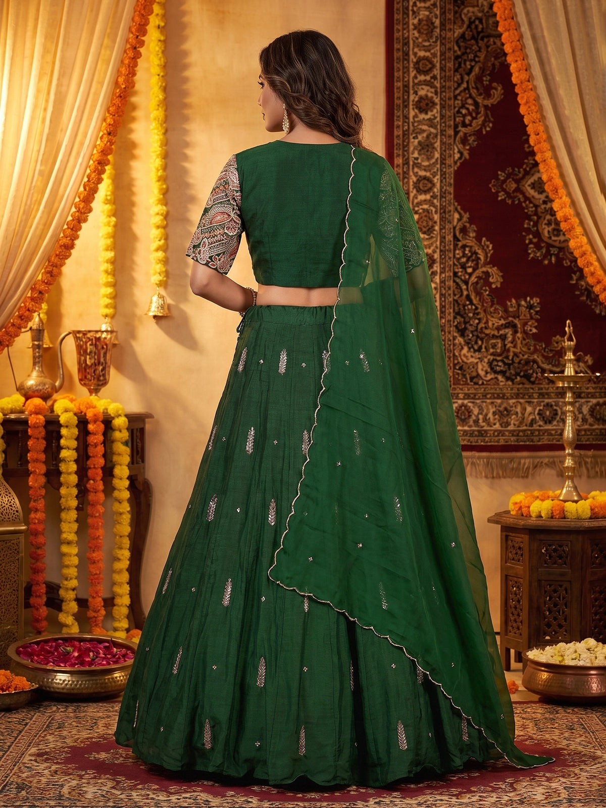Bottle green embroidered crepe silk lehenga choli