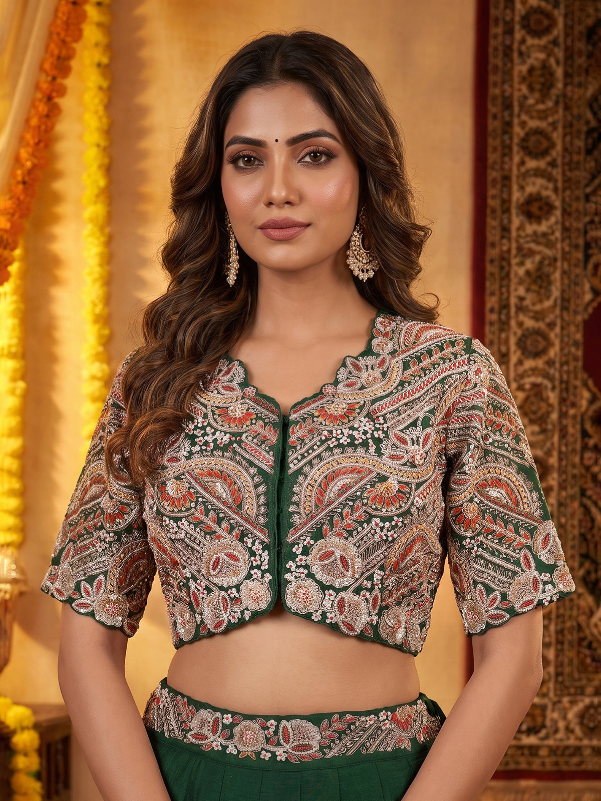 Bottle green embroidered crepe silk lehenga choli