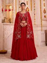 Red designer georgette silk cape lehenga choli