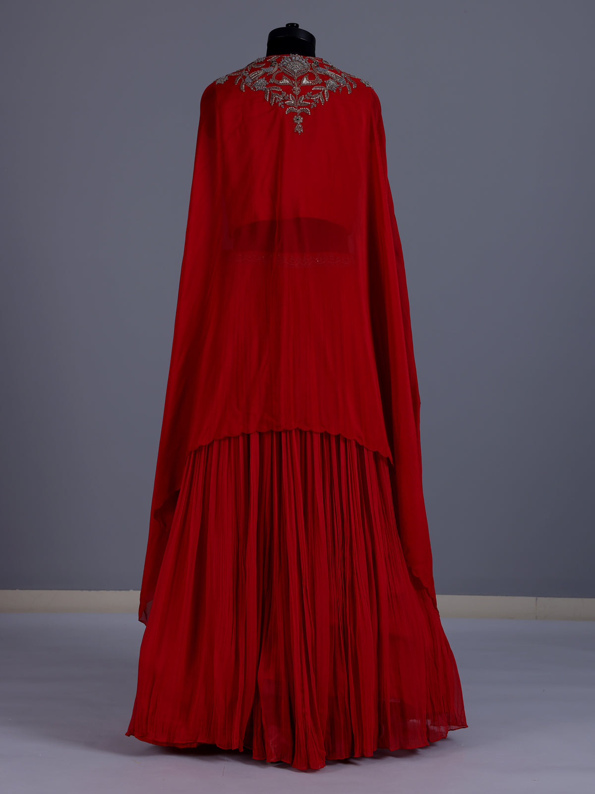 Red designer georgette silk cape lehenga choli