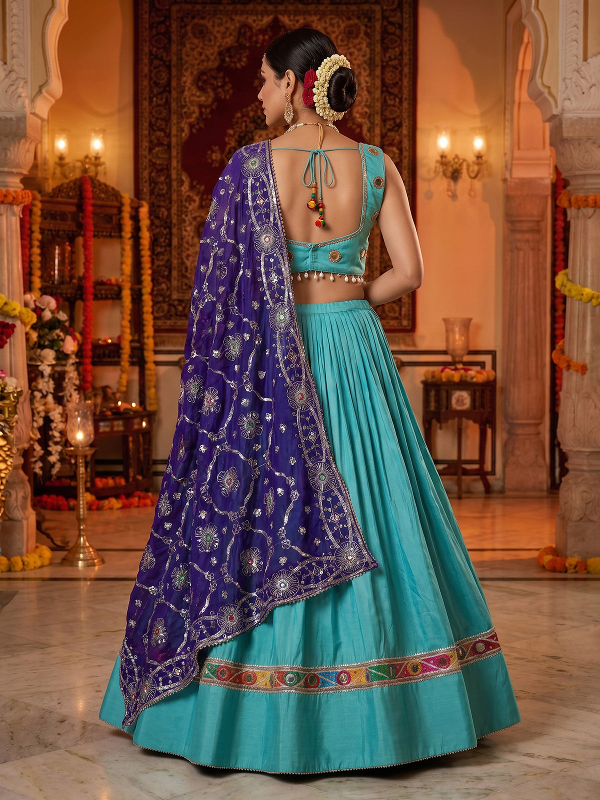 Sky blue navratri cotton silk lehenga choli with dupatta