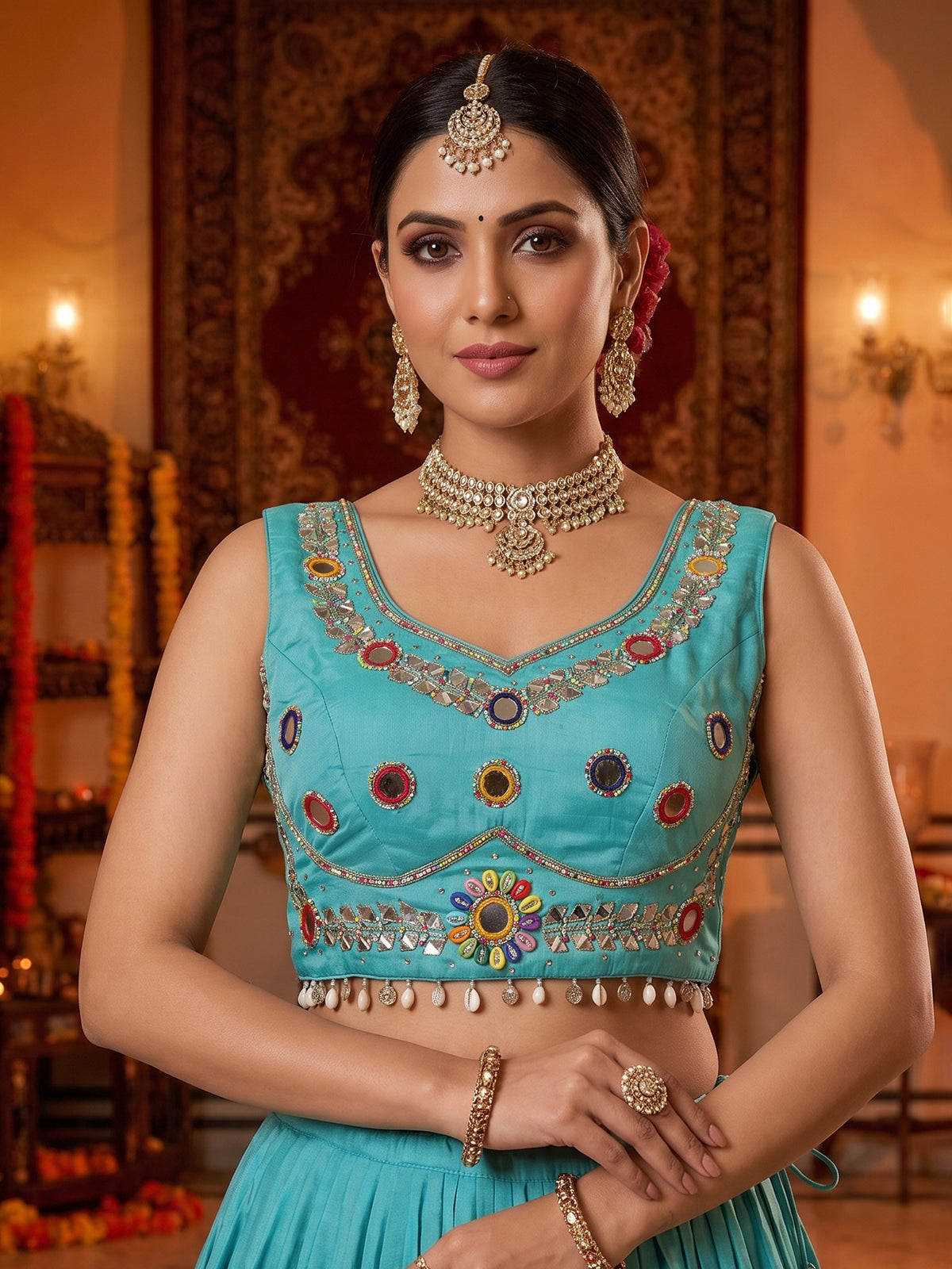 Sky blue navratri cotton silk lehenga choli with dupatta