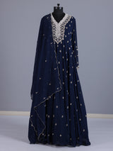 Navy blue embellished crepe silk floor length salwar suit