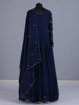 Navy blue embellished crepe silk floor length salwar suit